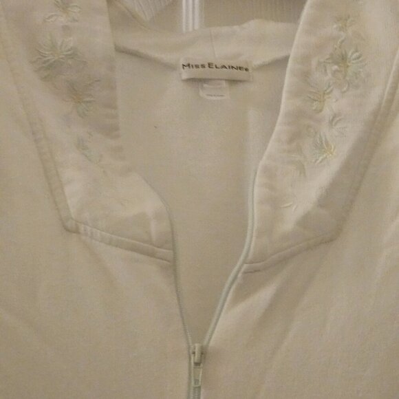 Miss Elaine white robe green floral embroidery pockets zip up L - Picture 3 of 12